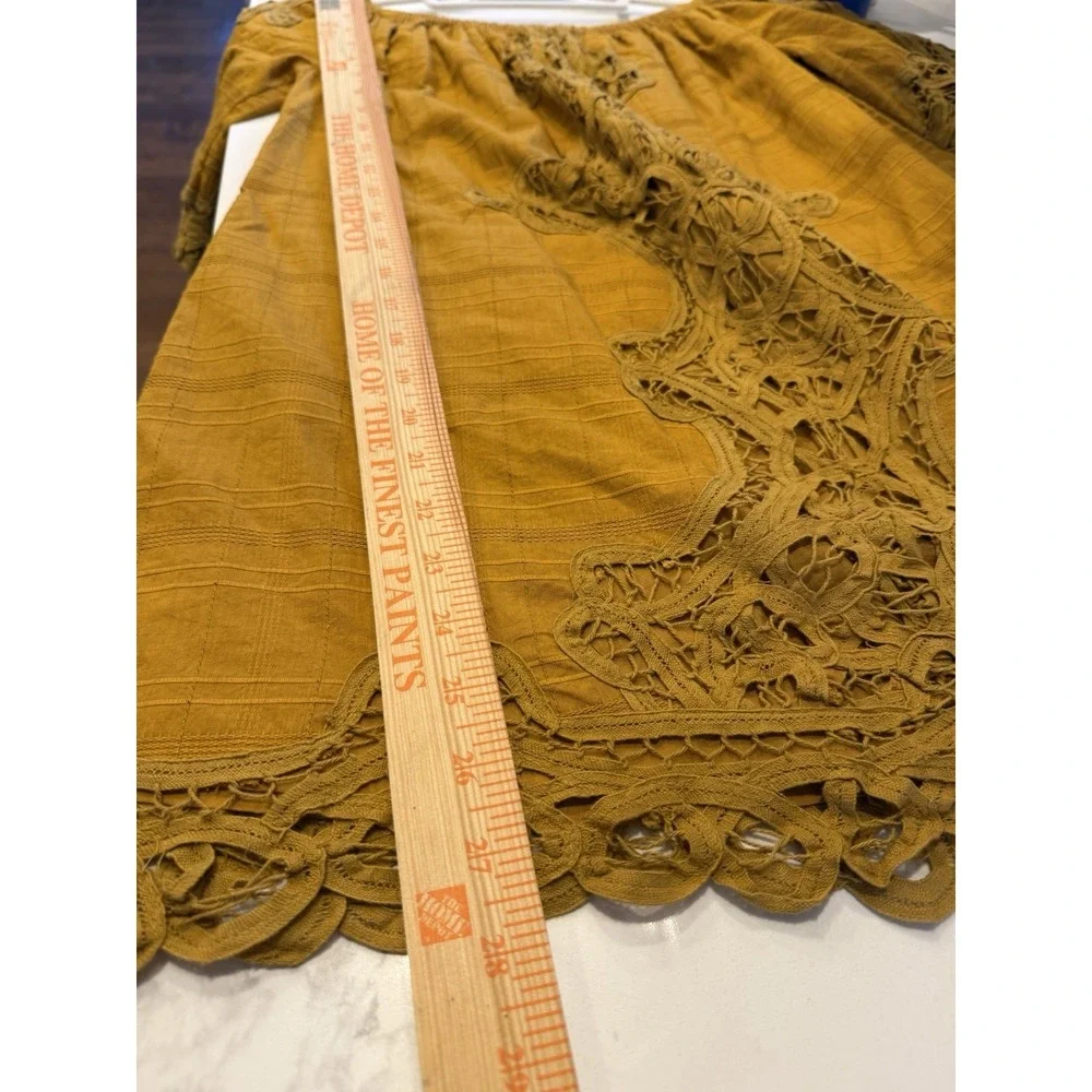 Free People Womens Size S Mustard Yellow Crochet Boho‎ Mini Dress Off Shoulders
